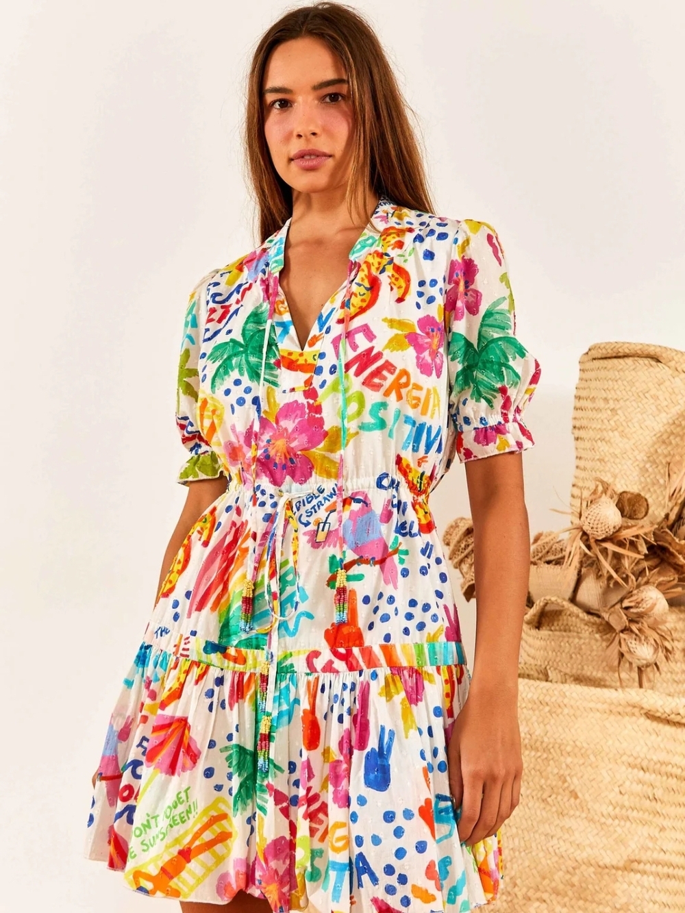 FARM Rio White Multicolor Floral & Tiered Mini White Good Vibes Mini Dress